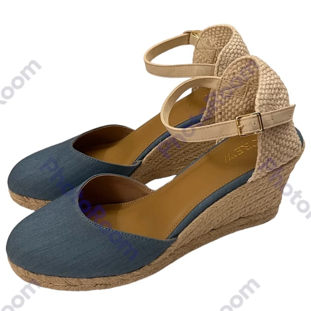 J. Crew Blue Chambray Ankle Strap Espadrille Wedges Size 9.5